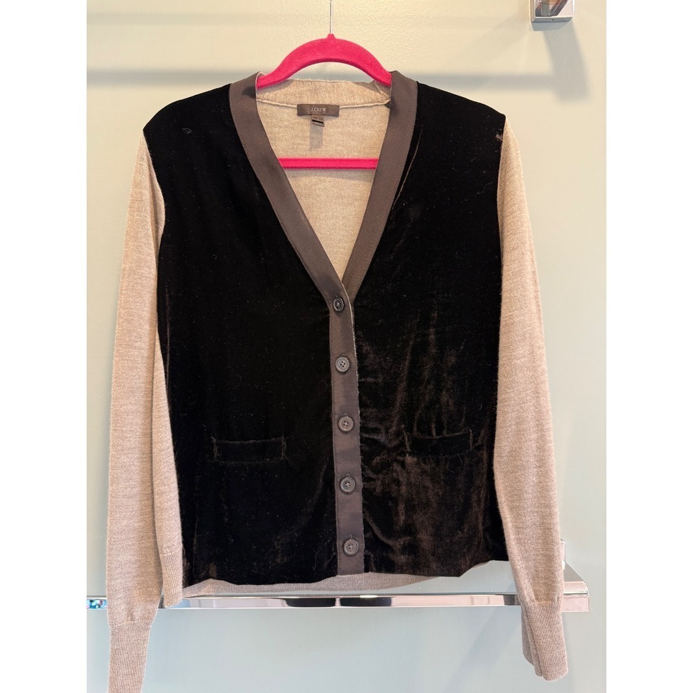 J.Crew Harlow Merino Velvet Panel Cardigan Sweater Gray Black Womens Size L